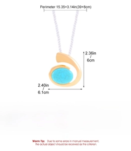 Detail view of turquoise heart necklace with 39+8cm size specs and iron material info