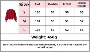 Size chart table for red knitted cardigan with heart buttons showing S M L measurements
