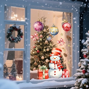 Detail of Christmas snowman window stickers featuring festive snowmen and gift boxes decorations
