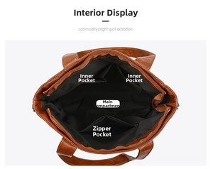 Interior view of brown tote bag with main compartment, slip pockets, and zipper pocket