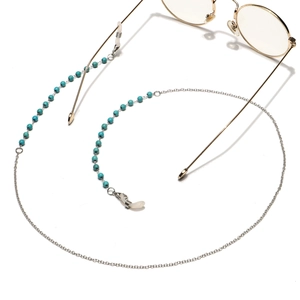 Silver stainless steel eyeglass chain with green turquoise beads and silicone loops