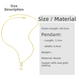 Size chart showing gold-plated initial Z necklace with pearl inlay and chain dimensions
