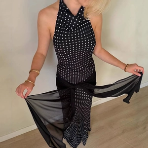 Women Polka Dot Halter Neck Maxi Dress Chiffon Backless Sleeveless Elegant Waist Tie Street Style Long Dress