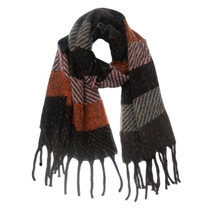 Detailed view of winter striped scarf with fringe, featuring orange and grey color blocks