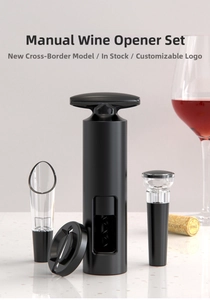 Detail view of 4-piece wine opener set with foil cutter, pourer and vacuum stopper