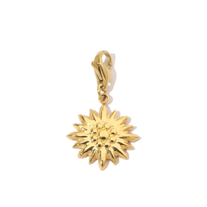 Detail eines goldenen Edelstahl-Sonnenanhängers mit Karabinerverschluss für Halsketten