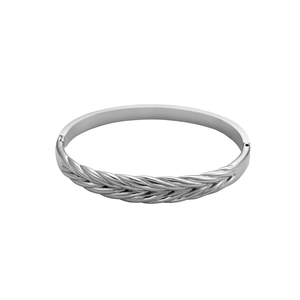 Polished silver stainless steel bangle featuring an elegant wheat-patterned woven texture