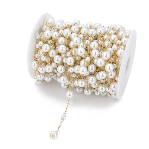 18K gold-plated chain with white faux pearls for DIY jewelry making on a spool