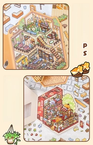 Macro detail of 3D miniature scene stickers with isometric coffee shop and grocery designs