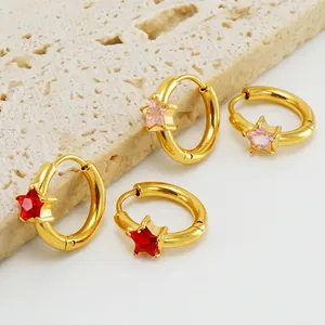 Stainless Steel Star Zircon Hoop Earrings 18K Gold Plated Trendy Ins Style Sparkling Jewelry For Women