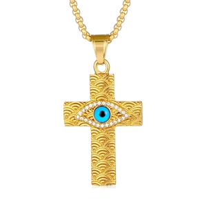 Hip hop gold plated stainless steel cross pendant necklace with blue evil eye and crystals