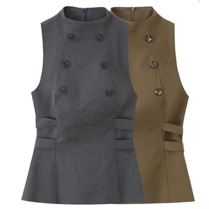 Women Sleeveless Vest Top Polyester High Neck Double Breasted Side Cut Out Elegant Slim Fit Office Lady Trendy Solid