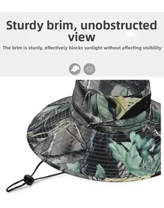Detail view of the wide-brim leaf camouflage hat with breathable mesh and windproof cord