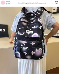 Detail of printed backpack with moon and star patterns on a model with height reference
