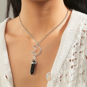 Vintage sun and moon necklace set with black hexagonal natural stone on silver chain