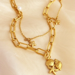 Double layer gold stainless steel necklace with seashell and starfish charms on satin
