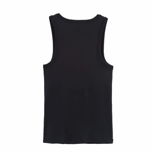 Detail shot of the ribbed texture and round neckline on a black slim-fit tank top