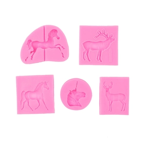 5-piece pink silicone mold set featuring unicorns, elk, and carousel horse shapes