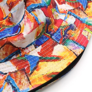 Summer tie-dye bucket hat with colorful abstract oil painting print and reinforced stitching