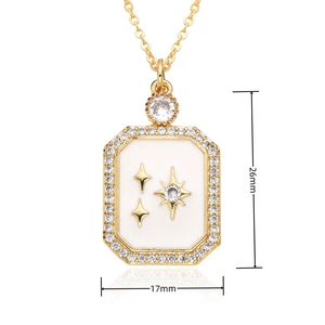 Detail view of gold crescent moon necklace showing dimensions 26mm by 17mm with zircon