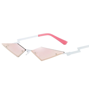 Fashionable rimless sunglasses with pink lenses and white lightning bolt metal frames