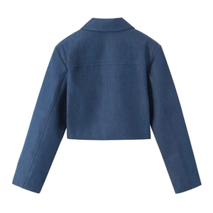 Deep blue cropped denim jacket with long sleeves and lapel collar, back view on white background