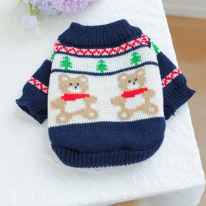 Navy blue knitted pet sweater with forest bear pattern for small dogs and cats