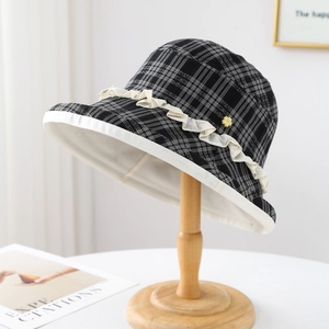 Women Plaid Bucket Hat Lace Ruffle Trim Sun Protection Breathable Cotton Blend Fisherman Cap Sweet Style