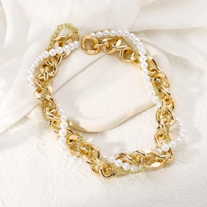 Vintage style layered necklace with gold thick metal chain and white faux pearls
