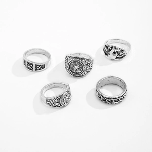 5-piece set of men's vintage silver rings featuring punk style totem and geometric designs