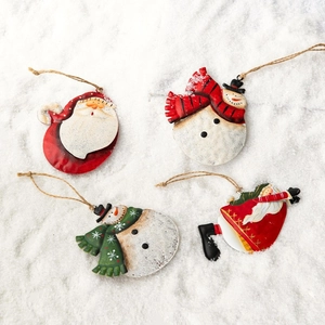 Christmas Iron Hanging Ornaments Vintage Painted Metal Santa Snowman Pendants For Holiday Tree Decor With Jute Rope