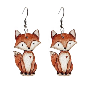 Handmade wooden fox earrings with red heart detail on a clean white background