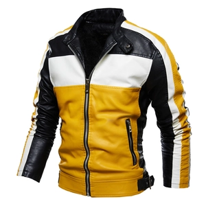 Mens fashion faux leather motor jacket with black white yellow patchwork and stand collar