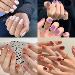 Minimalist waterproof nail stickers set in solid white, purple, nude gradient, and brown
