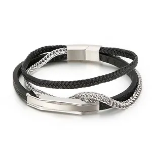 Men Multi Layer Braided Cowhide Leather Bracelet Stainless Steel Chain Magnetic Buckle Fashion Jewelry