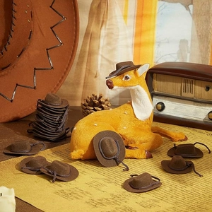 Miniature brown felt cowboy hats with rope detail for doll parties and pet crafts