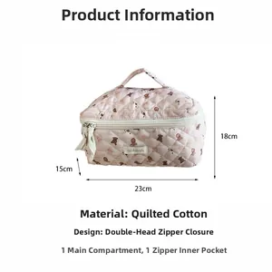 Pink quilted cotton makeup bag with cute bear print and dual zipper closure detail