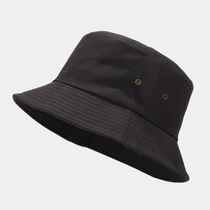 Detail of black cotton bucket hat showing brass ventilation eyelets and stitching