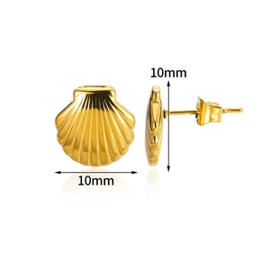Detail view of 10mm golden seashell stud earrings with polished texture and sizing