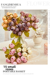 Detail of 15-head vintage artificial rose bouquet with burnt edge texture in a glass vase