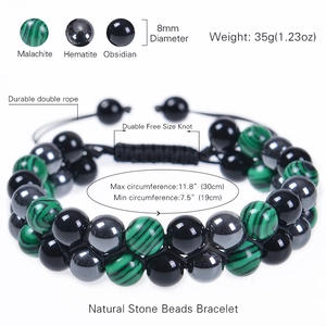 Adjustable double-layered malachite and obsidian beaded bracelet for men and women