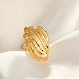 Golden stainless steel ring with hammered wave texture and polished fluid design