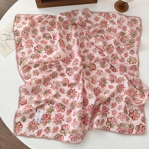Floral cotton linen neck scarf with pink flower print and delicate lace trim for women