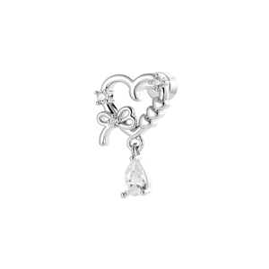 Elegant silver bow heart-shaped stud earring with pear-cut transparent drop pendant