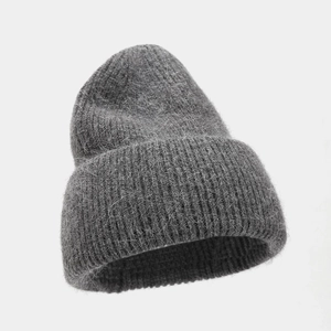 Thick dark grey angora rabbit hair knitted beanie with ribbed texture and folded cuff