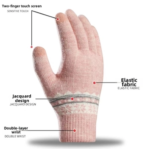 Pink thermal knit gloves featuring snowflake jacquard patterns and sensitive touchscreen fingertips