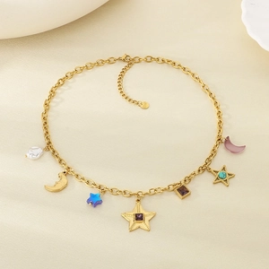 Collier en acier inoxydable doré avec pendentifs étoile lune, perles et verre coloré