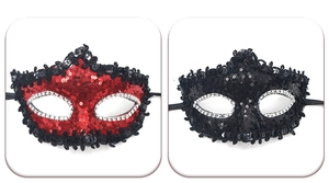 Detail view of red and black sequined masquerade masks with delicate lace edges