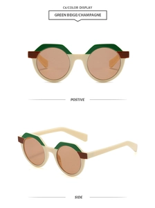 Detailed front and side views of geometric polygon sunglasses in green beige and champagne