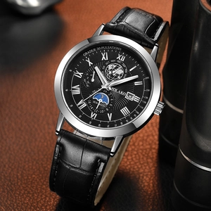 Reloj YOLAKO para Hombre con Correa de Cuero Negra, Fase Lunar y Función de Calendario